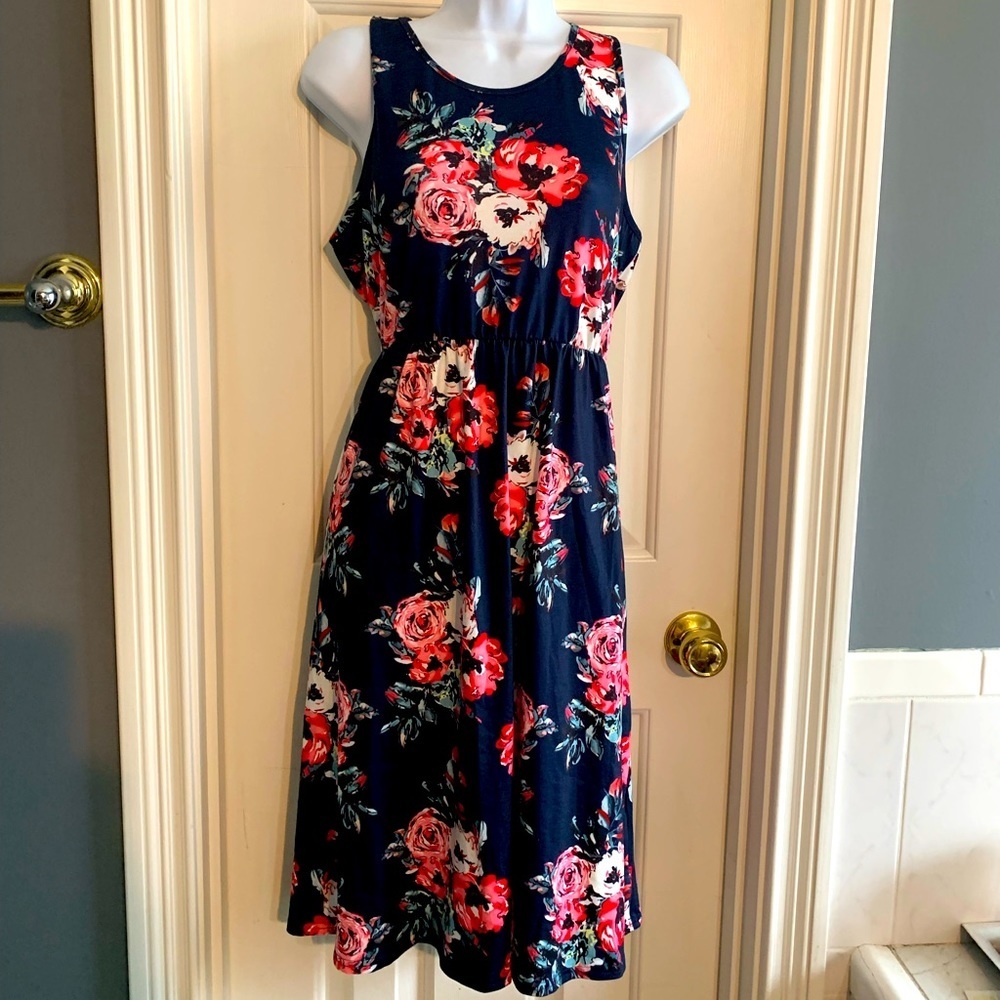 Navy Pink Floral Dress Medium Ours Stretchy Mini MIDI Flower Rose Sundress NEW - Picture 2 of 9